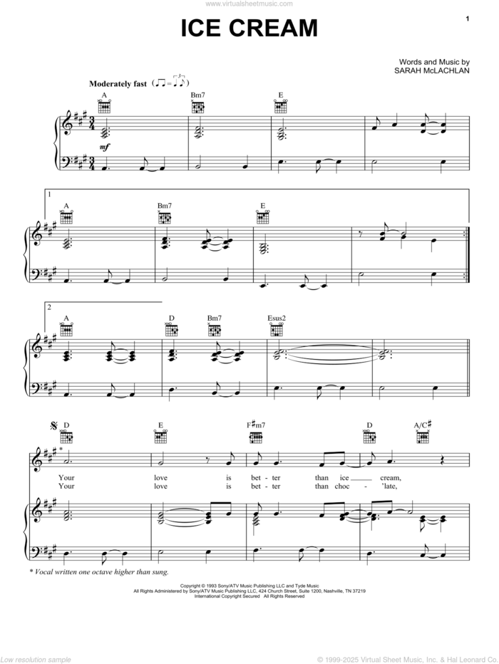 Ice Cream sheet music for voice, piano or guitar by Sarah McLachlan, intermediate skill level