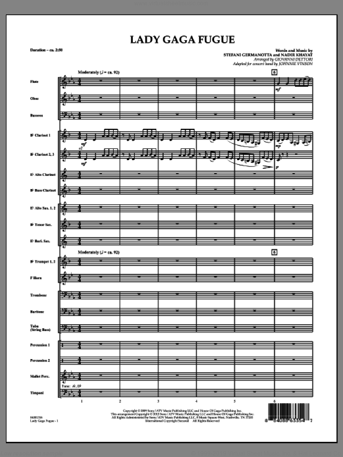 Lady Gaga Fugue (COMPLETE) sheet music for concert band by Lady Gaga, Giovanni Dettori, Johnnie Vinson and Nadir Khayat, intermediate skill level