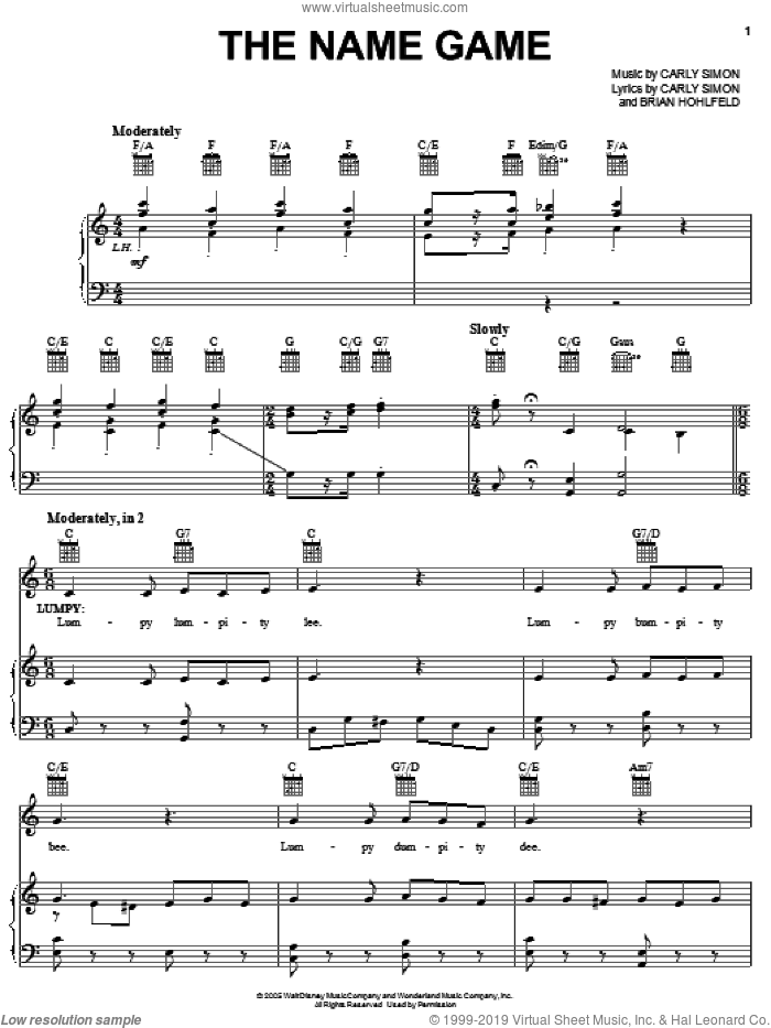 The Name Game sheet music for voice, piano or guitar by Carly Simon and Brian Hohlfeld, intermediate skill level