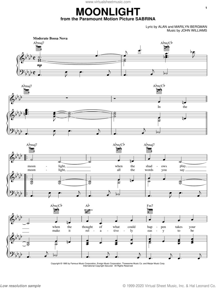 Moonlight sheet music for voice, piano or guitar by Sting, Alan Bergman, John Williams and Marilyn Bergman, wedding score, intermediate skill level