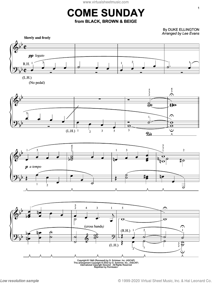 Come Sunday sheet music for piano solo by Duke Ellington, intermediate skill level