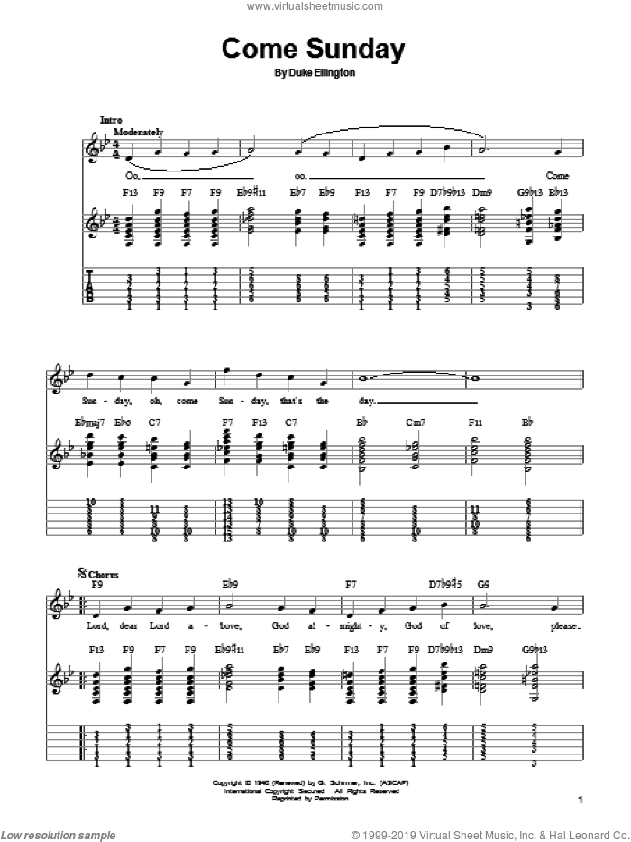 Come Sunday sheet music for guitar solo (easy tablature) by Duke Ellington, easy guitar (easy tablature)
