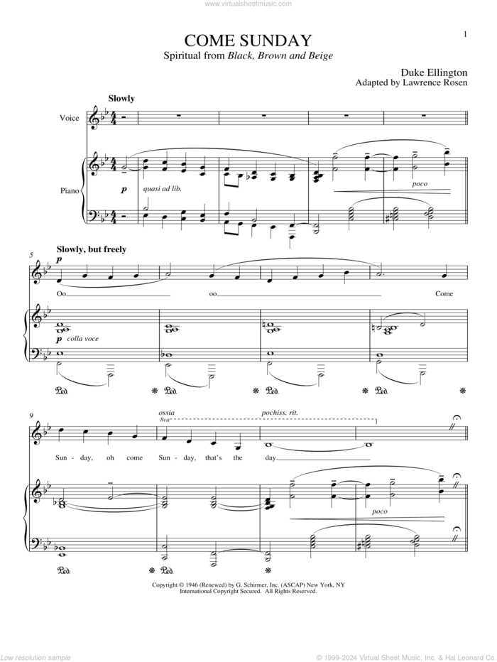 Come Sunday sheet music for voice and piano by Duke Ellington, intermediate skill level