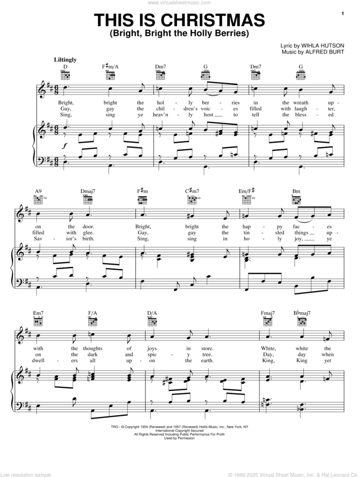 This Is Christmas (Bright, Bright The Holly Berries) sheet music for voice, piano or guitar by Alfred Burt and Wihla Hutson, intermediate skill level