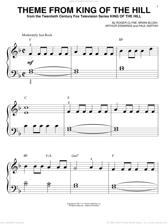 Theme From King Of The Hill sheet music for piano solo (big note book) by Roger Clyne, Arthur Edwards, Brian Blush and Paul Naffah, easy piano (big note book)