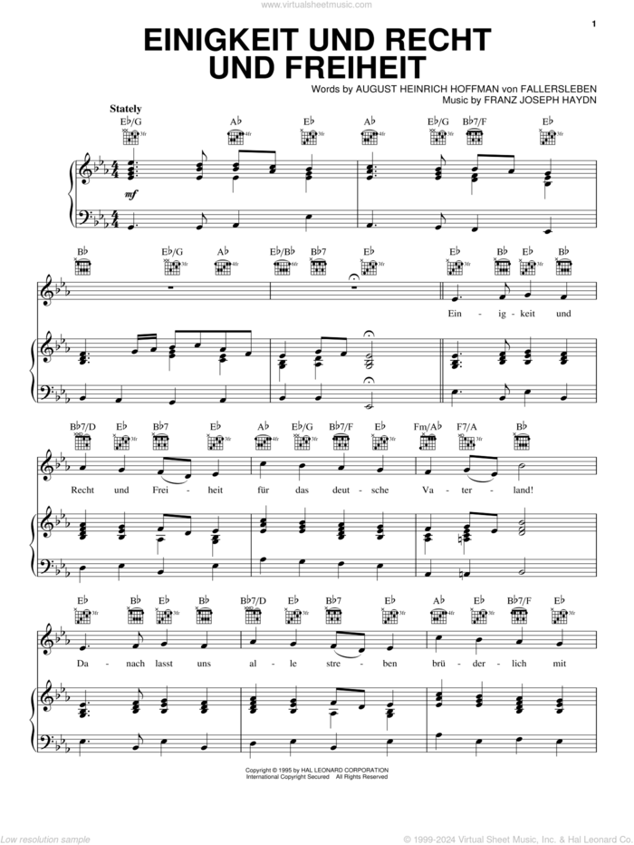 Einigkeit Und Recht Und Freiheit (German National Anthem) sheet music for voice, piano or guitar by August Heinrich Hoffman von Fallersleben, August Heinrich Hoffman von Fa, Franz Joseph Haydn and llersleben, classical score, intermediate skill level