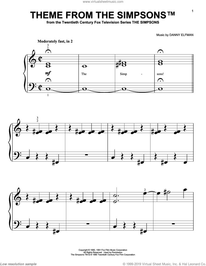 Theme From The Simpsons sheet music for piano solo (big note book) by Danny Elfman and The Simpsons, easy piano (big note book)