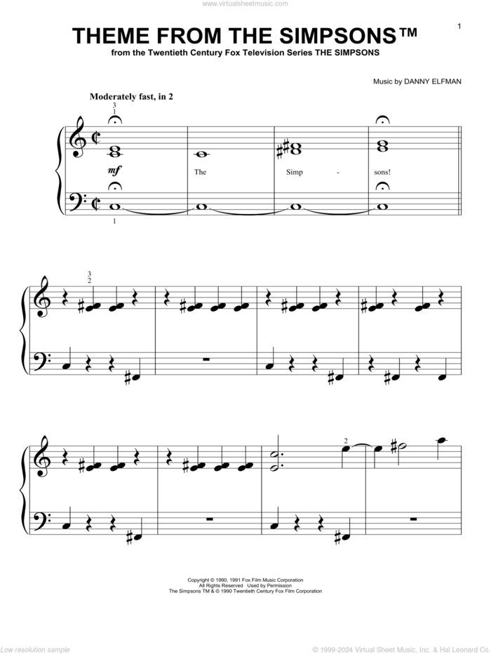 Theme From The Simpsons sheet music for piano solo (big note book) by Danny Elfman and The Simpsons, easy piano (big note book)