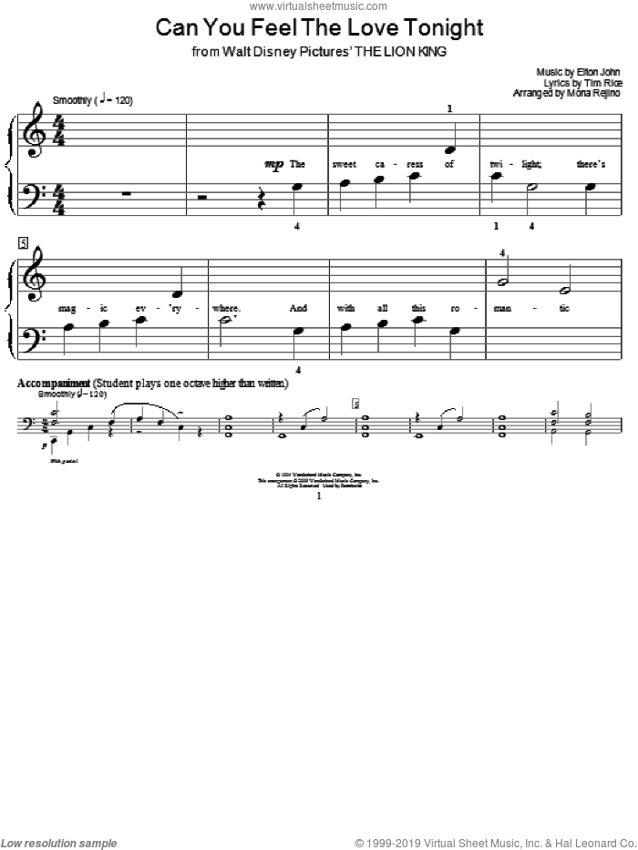 Can You Feel The Love Tonight (from The Lion King) sheet music for piano solo (elementary) by Elton John, Miscellaneous, The Lion King and Tim Rice, wedding score, beginner piano (elementary)