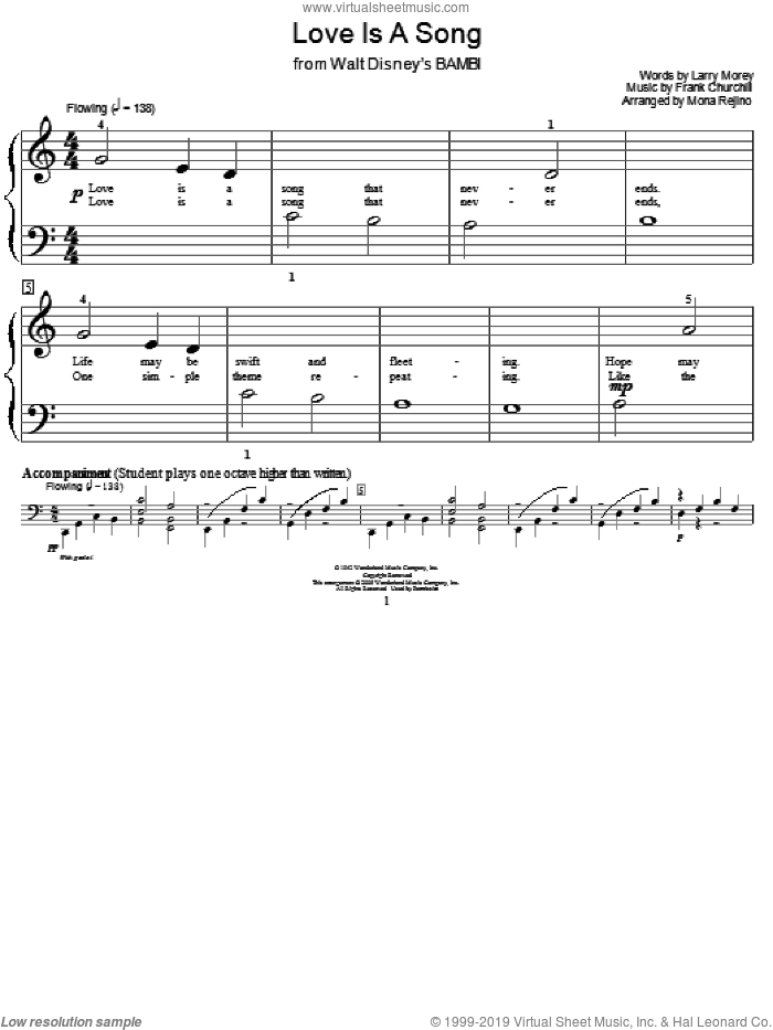 Love Is A Song sheet music for piano solo (elementary) by Larry Morey, Miscellaneous and Frank Churchill, beginner piano (elementary)