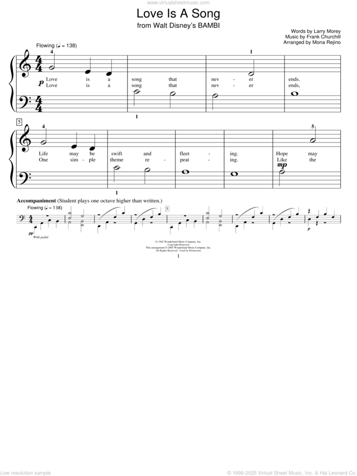 Love Is A Song sheet music for piano solo (elementary) by Larry Morey, Miscellaneous and Frank Churchill, beginner piano (elementary)