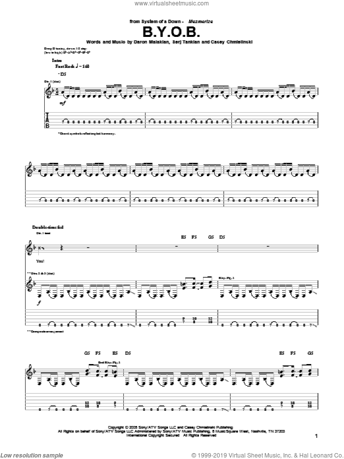 B.Y.O.B. sheet music for guitar (tablature) by System Of A Down, Casey Chmielinski, Daron Malakian and Serj Tankian, intermediate skill level
