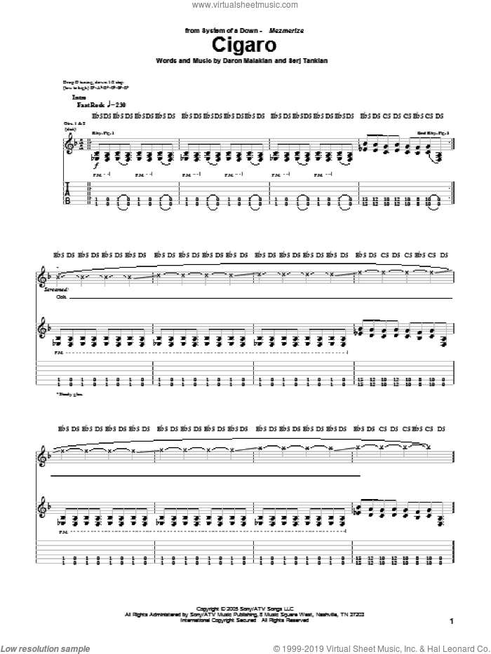 Cigaro sheet music for guitar (tablature) by System Of A Down, Daron Malakian and Serj Tankian, intermediate skill level