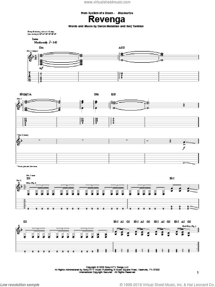 Revenga sheet music for guitar (tablature) by System Of A Down, Daron Malakian and Serj Tankian, intermediate skill level