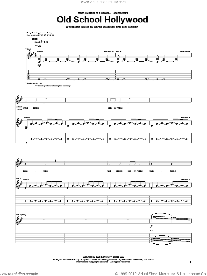 Old School Hollywood sheet music for guitar (tablature) by System Of A Down, Daron Malakian and Serj Tankian, intermediate skill level