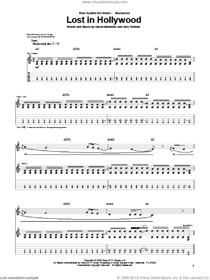 Lost In Hollywood sheet music for guitar (tablature) by System Of A Down, Daron Malakian and Serj Tankian, intermediate skill level