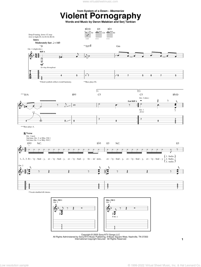 Violent Pornography sheet music for guitar (tablature) by System Of A Down, Daron Malakian and Serj Tankian, intermediate skill level