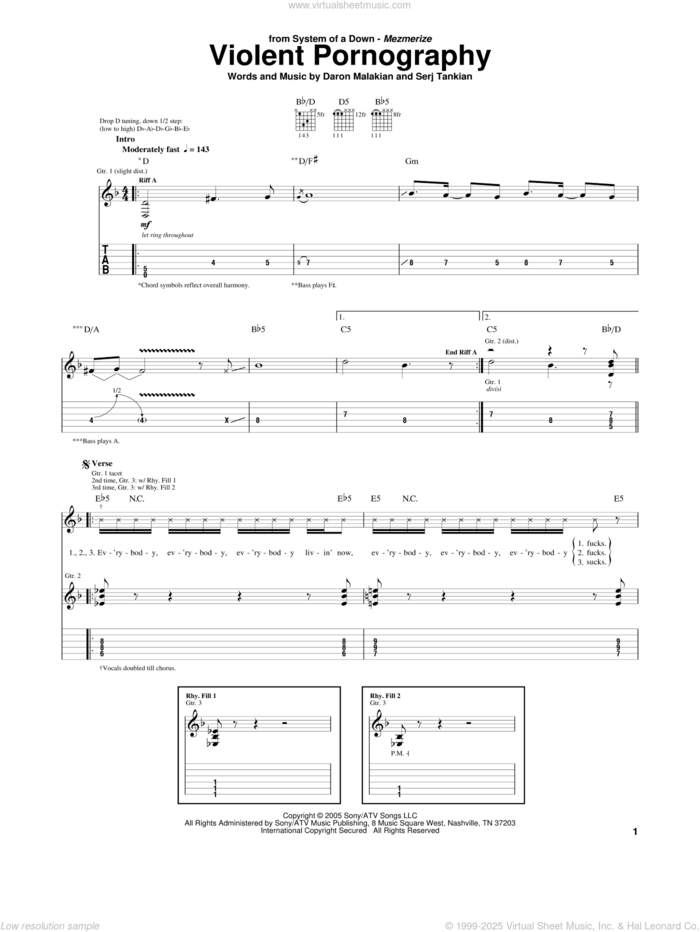 Violent Pornography sheet music for guitar (tablature) by System Of A Down, Daron Malakian and Serj Tankian, intermediate skill level