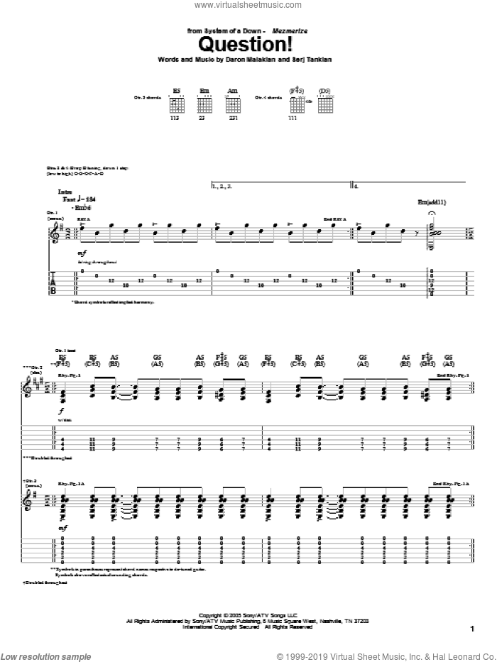 Question! sheet music for guitar (tablature) by System Of A Down, Daron Malakian and Serj Tankian, intermediate skill level