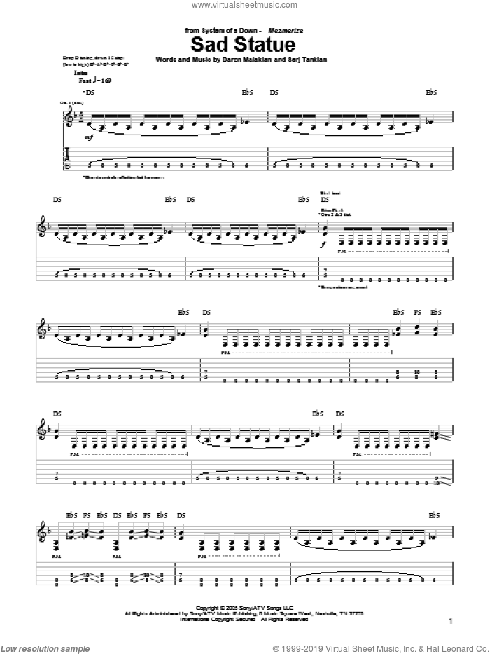 Sad Statue sheet music for guitar (tablature) by System Of A Down, Daron Malakian and Serj Tankian, intermediate skill level