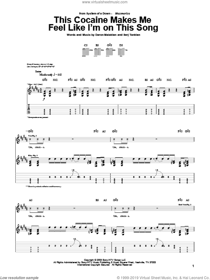 This Cocaine Makes Me Feel Like I'm On This Song sheet music for guitar (tablature) by System Of A Down, Daron Malakian and Serj Tankian, intermediate skill level