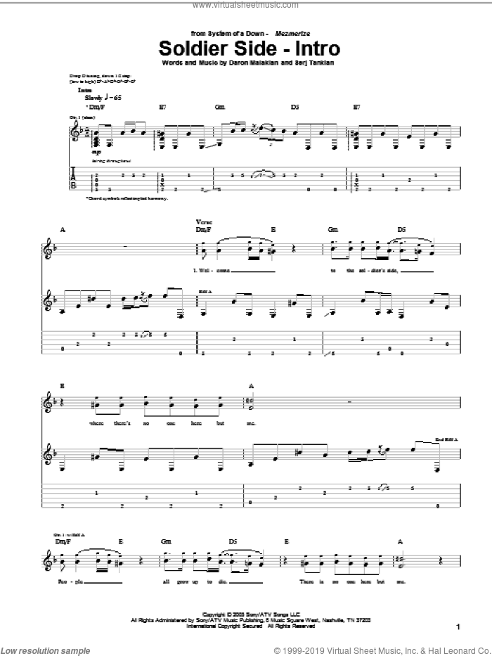 Soldier Side (Intro) sheet music for guitar (tablature) by System Of A Down, Daron Malakian and Serj Tankian, intermediate skill level