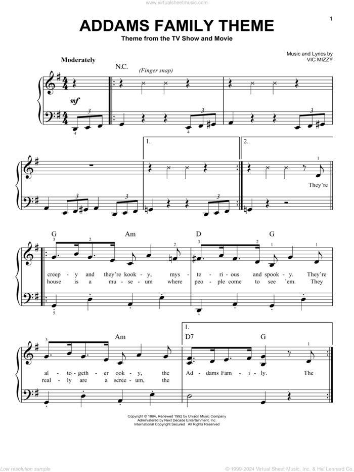 The Addams Family Theme sheet music for piano solo by Vic Mizzy, beginner skill level