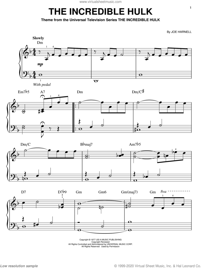 The Incredible Hulk, (easy) sheet music for piano solo by Joe Harnell, easy skill level