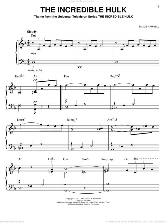 The Incredible Hulk, (easy) sheet music for piano solo by Joe Harnell, easy skill level