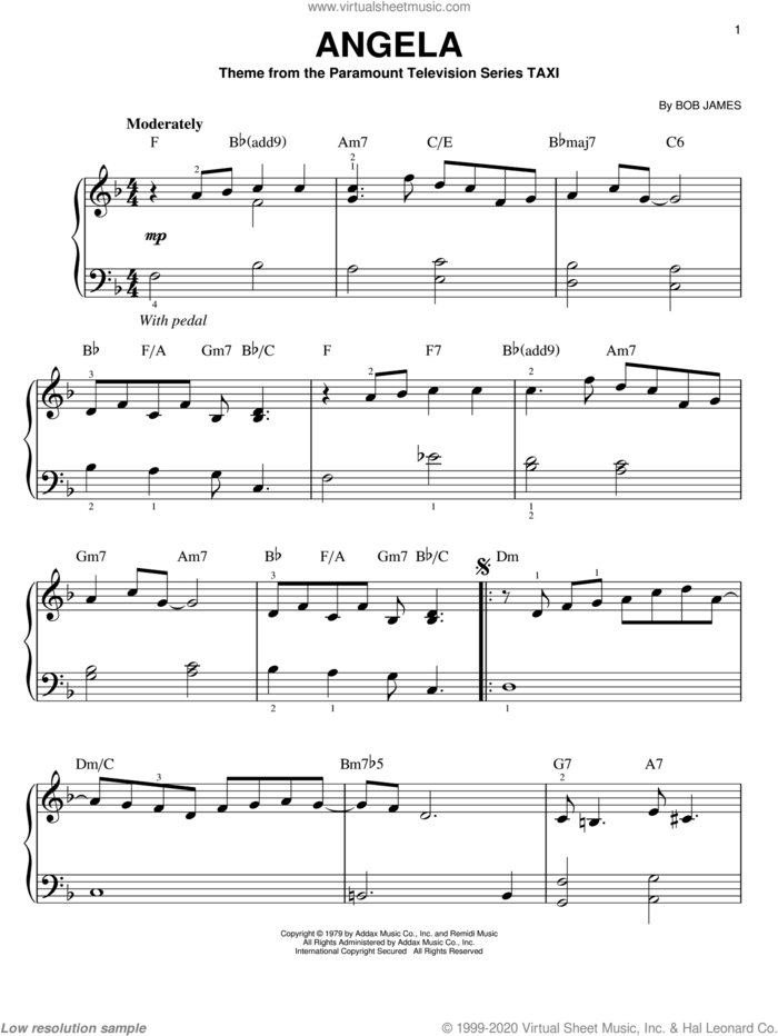 Angela, (easy) sheet music for piano solo by Bob James, easy skill level