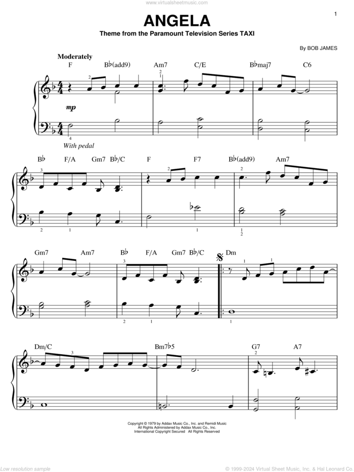 Angela, (easy) sheet music for piano solo by Bob James, easy skill level