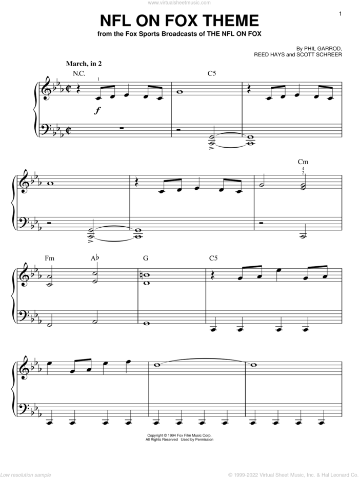 NFL On Fox Theme, (easy) sheet music for piano solo by Phil Garrod, Reed Hays and Scott Schreer, easy skill level