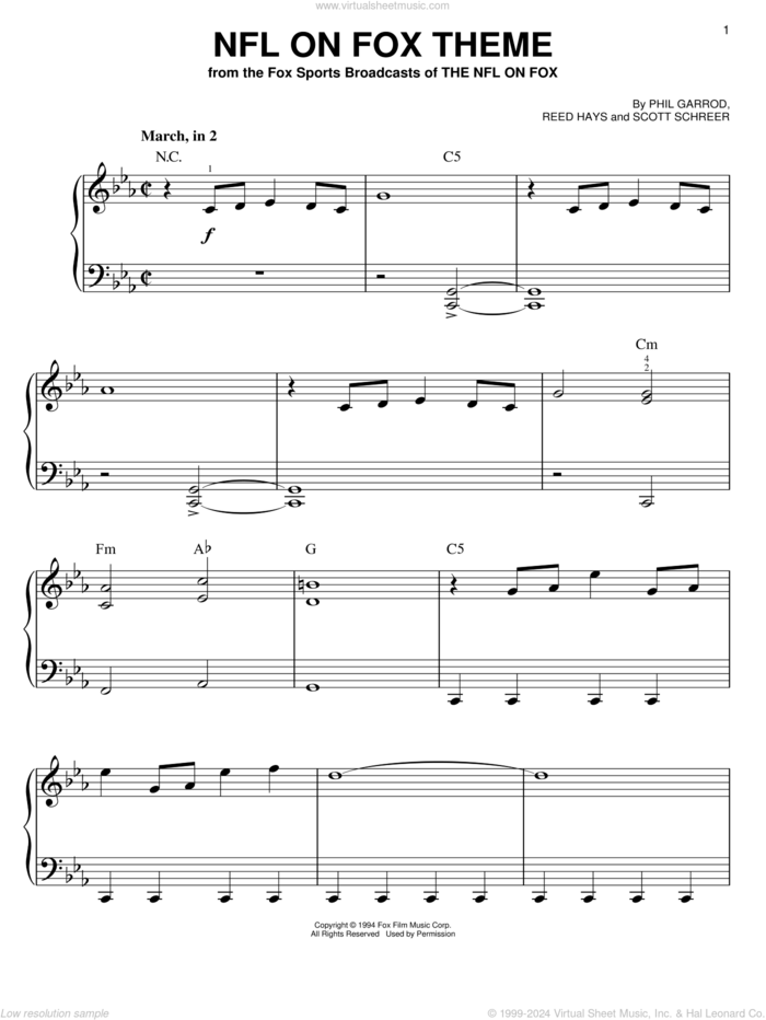 NFL On Fox Theme, (easy) sheet music for piano solo by Phil Garrod, Reed Hays and Scott Schreer, easy skill level