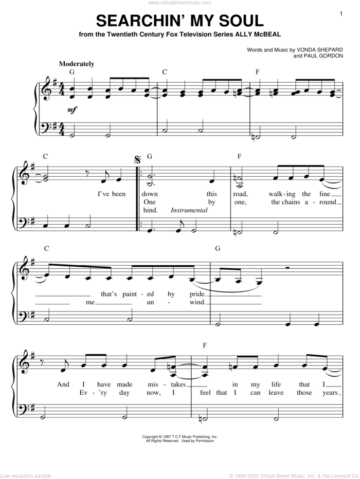 Searchin' My Soul sheet music for piano solo by Vonda Shepard and Paul Gordon, easy skill level