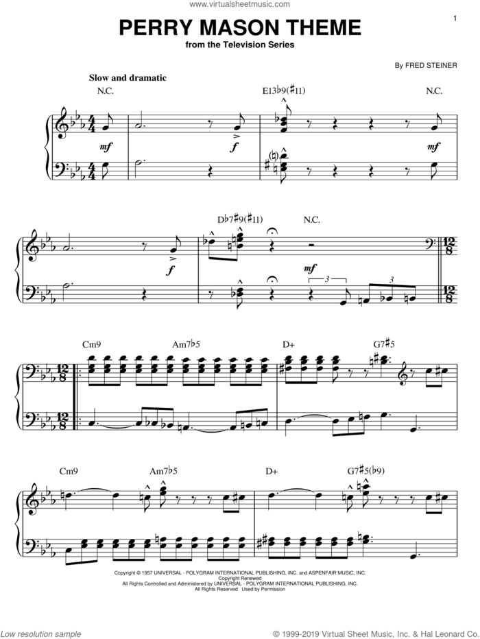Perry Mason Theme, (easy) sheet music for piano solo by Fred Steiner, easy skill level