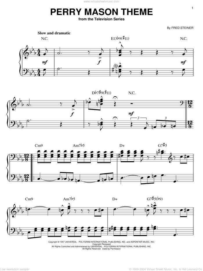 Perry Mason Theme, (easy) sheet music for piano solo by Fred Steiner, easy skill level