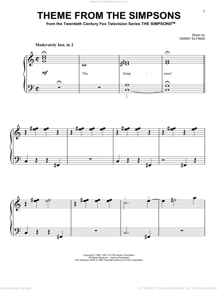 Theme From The Simpsons, (easy) sheet music for piano solo by Danny Elfman and The Simpsons, easy skill level