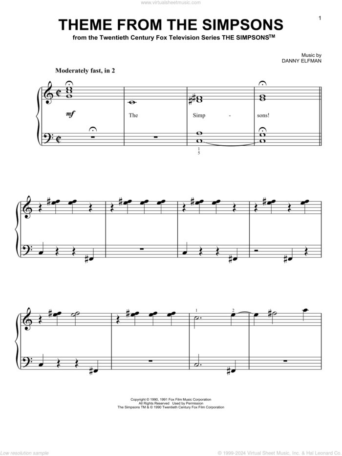 Theme From The Simpsons, (easy) sheet music for piano solo by Danny Elfman and The Simpsons, easy skill level