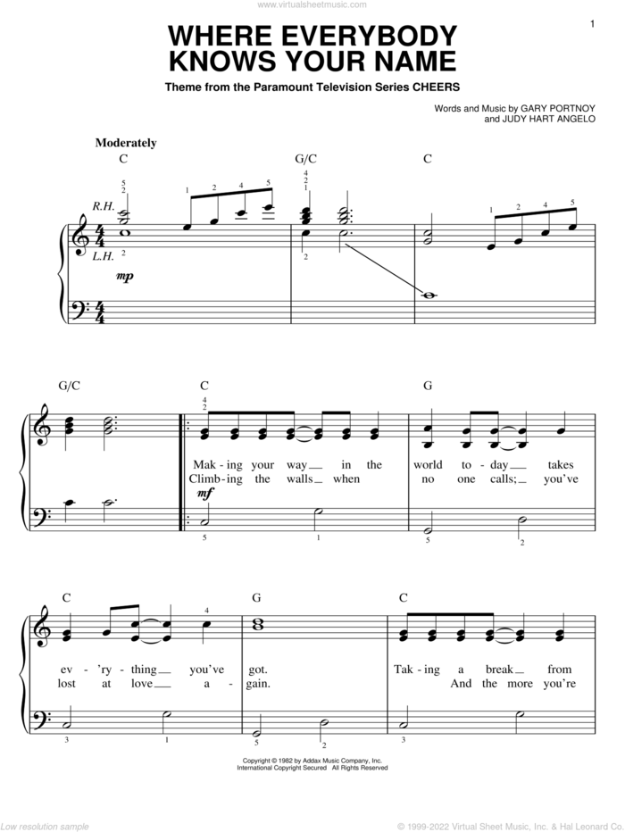 Where Everybody Knows Your Name, (easy) sheet music for piano solo by Gary Portnoy and Judy Hart Angelo, easy skill level