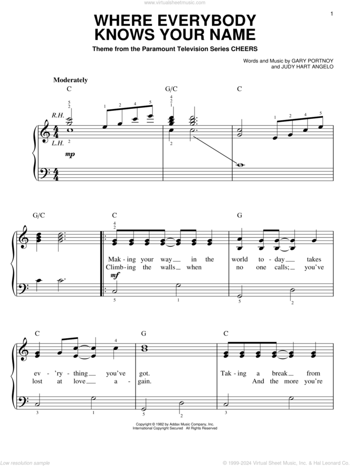 Where Everybody Knows Your Name, (easy) sheet music for piano solo by Gary Portnoy and Judy Hart Angelo, easy skill level