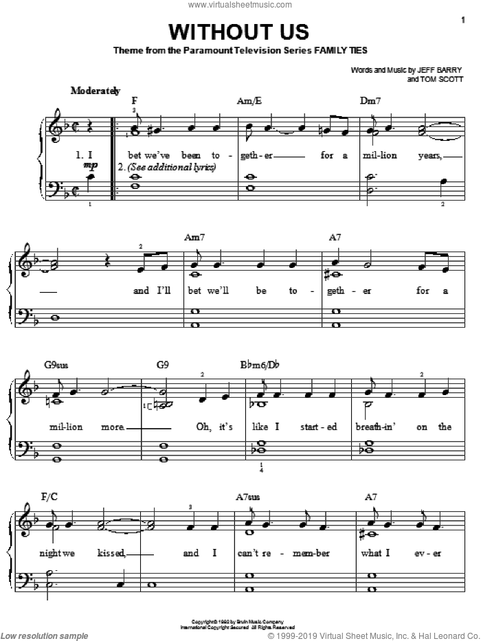 Without Us sheet music for piano solo by Jeff Barry and Tommy Scott, easy skill level
