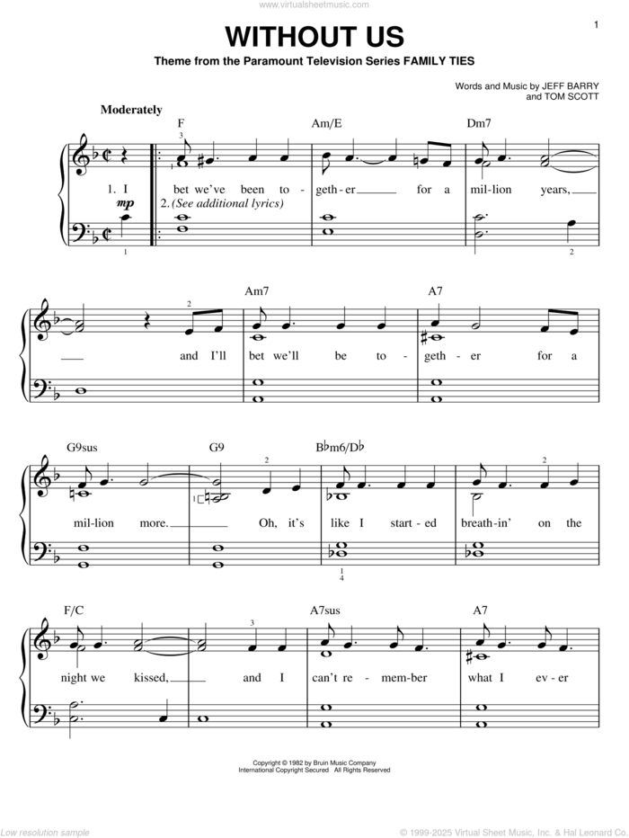 Without Us (from Family Ties) sheet music for piano solo by Jeff Barry and Tommy Scott, easy skill level