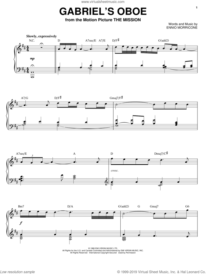 Gabriel's Oboe (from The Mission) sheet music for piano solo by Ennio Morricone, wedding score, intermediate skill level