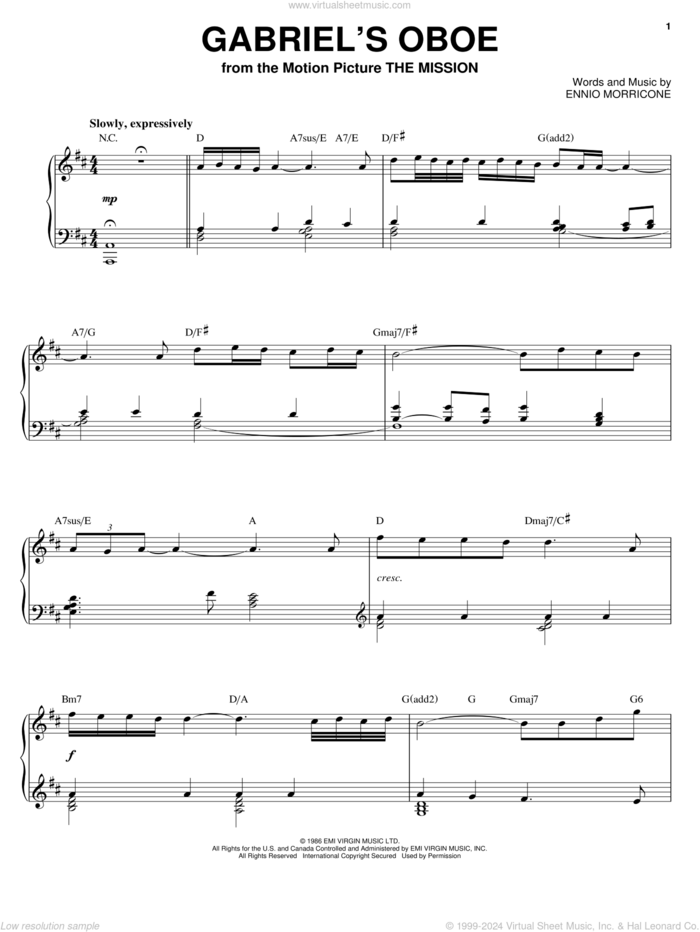 Gabriel's Oboe (from The Mission) sheet music for piano solo by Ennio Morricone, wedding score, intermediate skill level