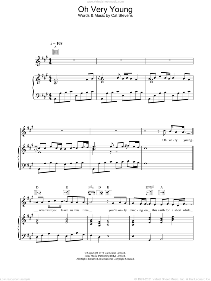 Oh Very Young sheet music for voice, piano or guitar by Cat Stevens, intermediate skill level