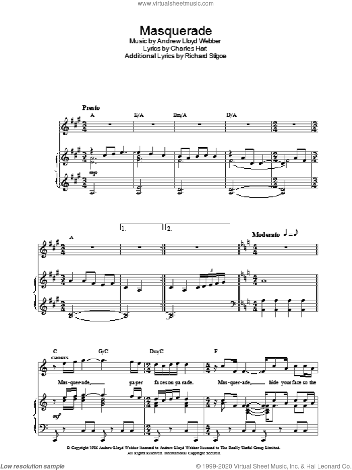 Masquerade (from The Phantom Of The Opera) sheet music for voice, piano or guitar by Andrew Lloyd Webber, The Phantom Of The Opera (Musical), Charles Hart and Richard Stilgoe, intermediate skill level