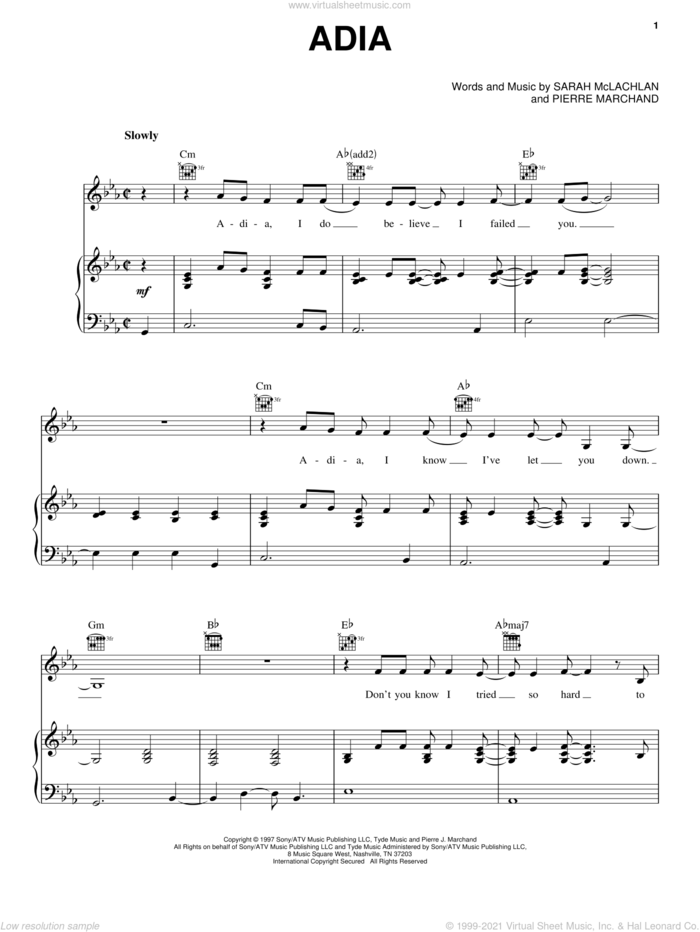 Adia sheet music for voice, piano or guitar by Sarah McLachlan and Pierre Marchand, intermediate skill level