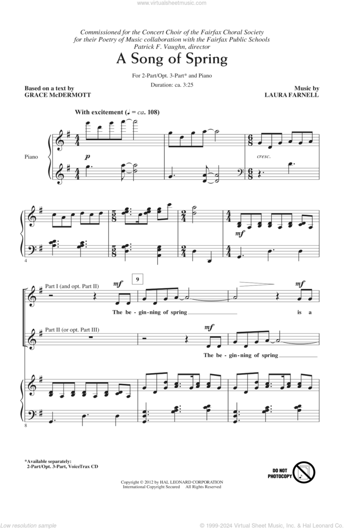 A Song Of Spring sheet music for choir (2-Part) by Laura Farnell and Grace McDermott, intermediate duet