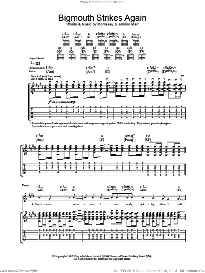 Bigmouth Strikes Again sheet music for guitar (tablature) by The Smiths, Johnny Marr and Steven Morrissey, intermediate skill level