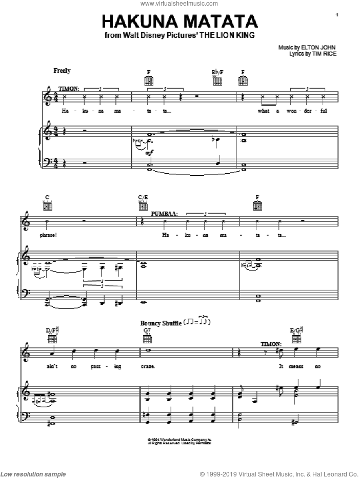 Hakuna Matata (from The Lion King) sheet music for voice, piano or guitar by Elton John, Jimmy Cliff featuring Lebo M, The Lion King (Movie) and Tim Rice, intermediate skill level